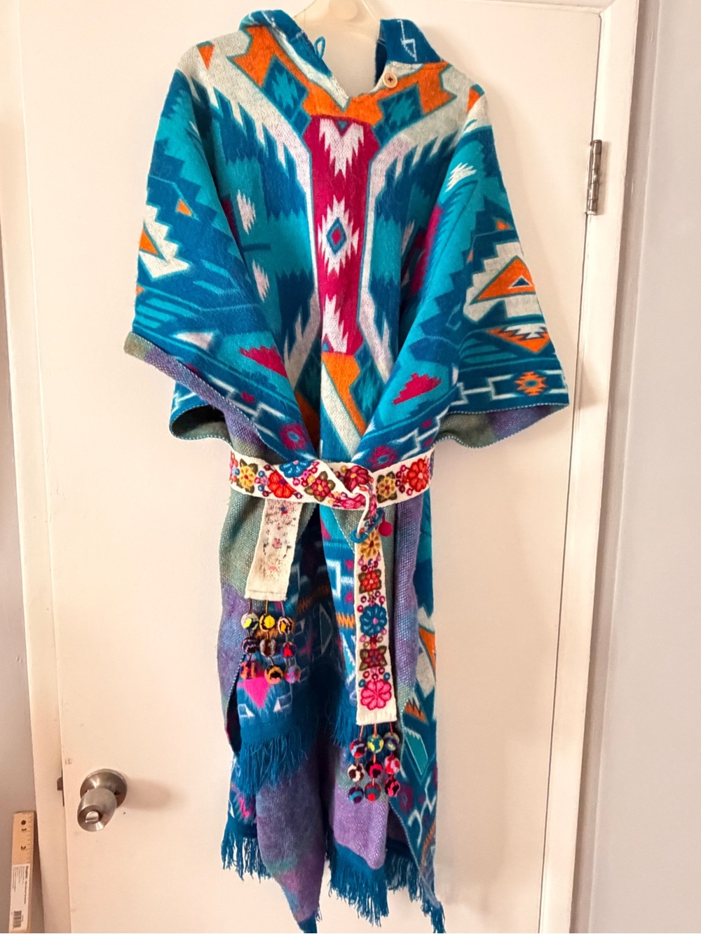 Turquoise Aztec Baby Alpaca Hooded Poncho Wrap with Embroidered Belt